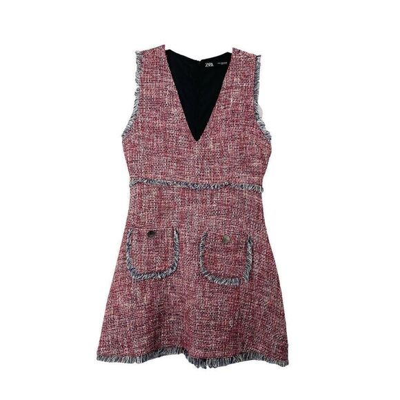 Zara Tweed Raw Edge Sleeveless Dress Size M red navy - Picture 1 of 11